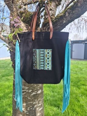 Black Tote Bag with Turquoise Fringe - Women Bags